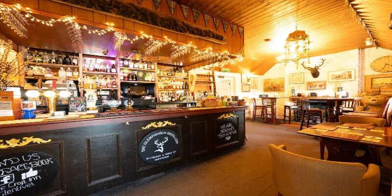 Cozy pub interiors with wooden tables and fireplaces